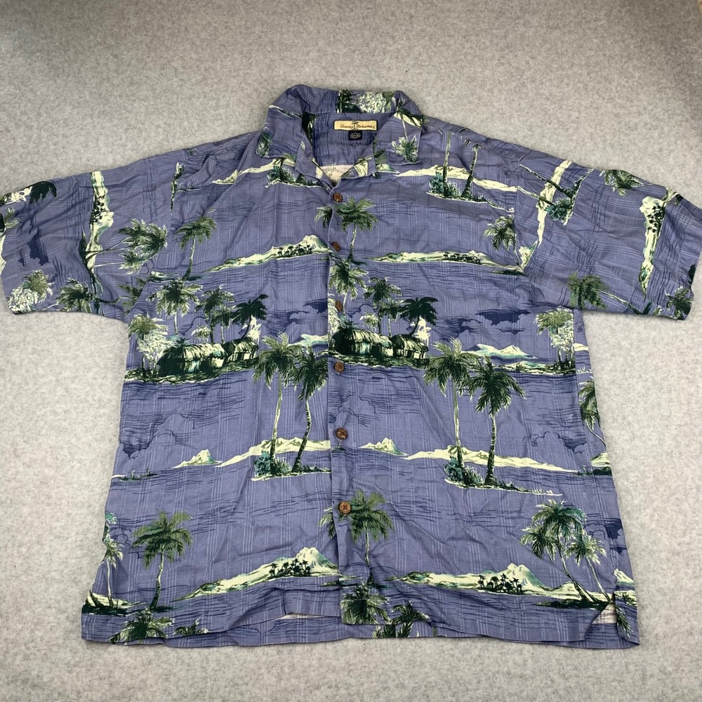 Tommy Bahama Button Down Shirt Mens Large Blue Silk Tropical Island Palm Tree